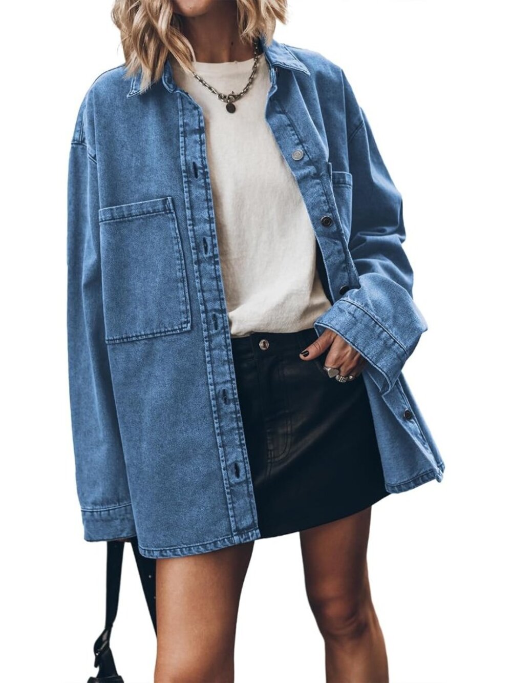Women’s Blue Long Sleeve Button Up Oversized Denim Casual Overshirt Jean Jacket